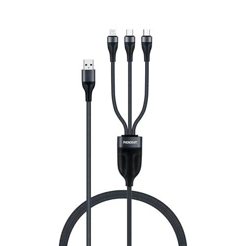 Phonokart NEXO 5 in 1 3Amps USB-A +Type C Charging Cable for Micro USB, Lightning & Type C, 1.5 m, Multi Charger Cable, Data Transfer Support (BLACK) - The Digital Hub