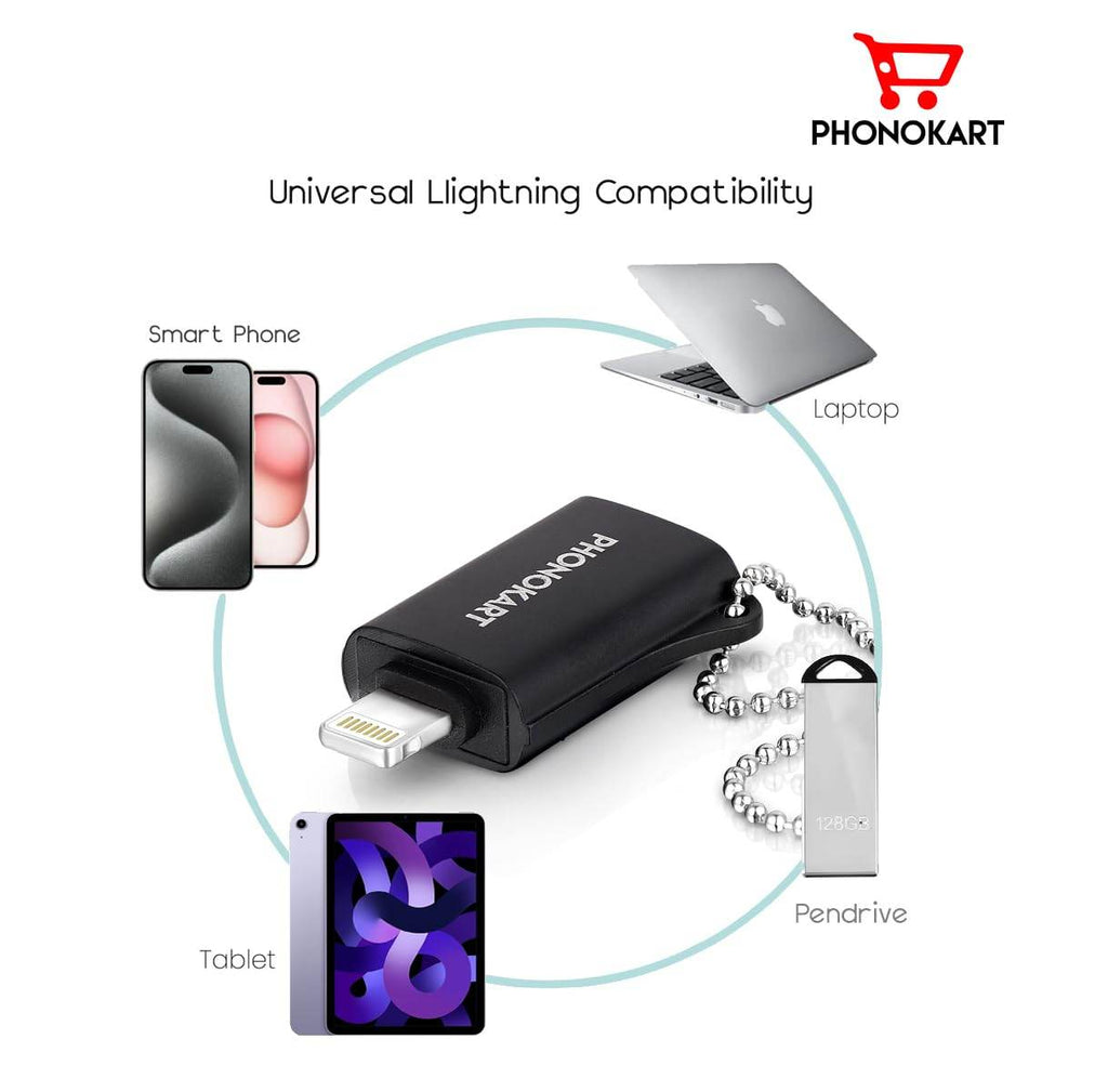 Phonokart OTG - I Connector USB-C Female to Lightning Cable Adapter for i-Phone 15 14 13 12 11 Air Pods iOS Devices |Black| - The Digital Hub