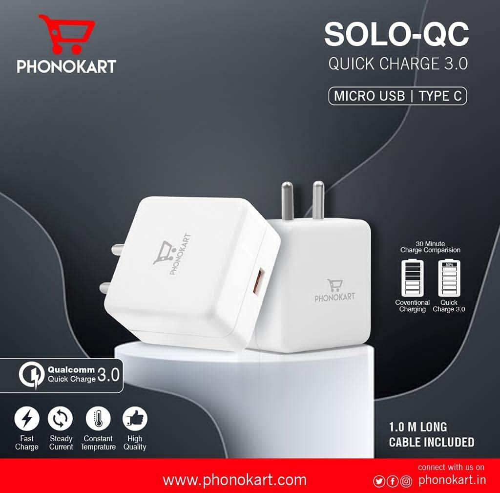 PHONOKART QUALCOMM 3.0 Fast Charger with Type C Cable for Samsung Oppo VIVO MI REALME(Type C Cable) - The Digital Hub