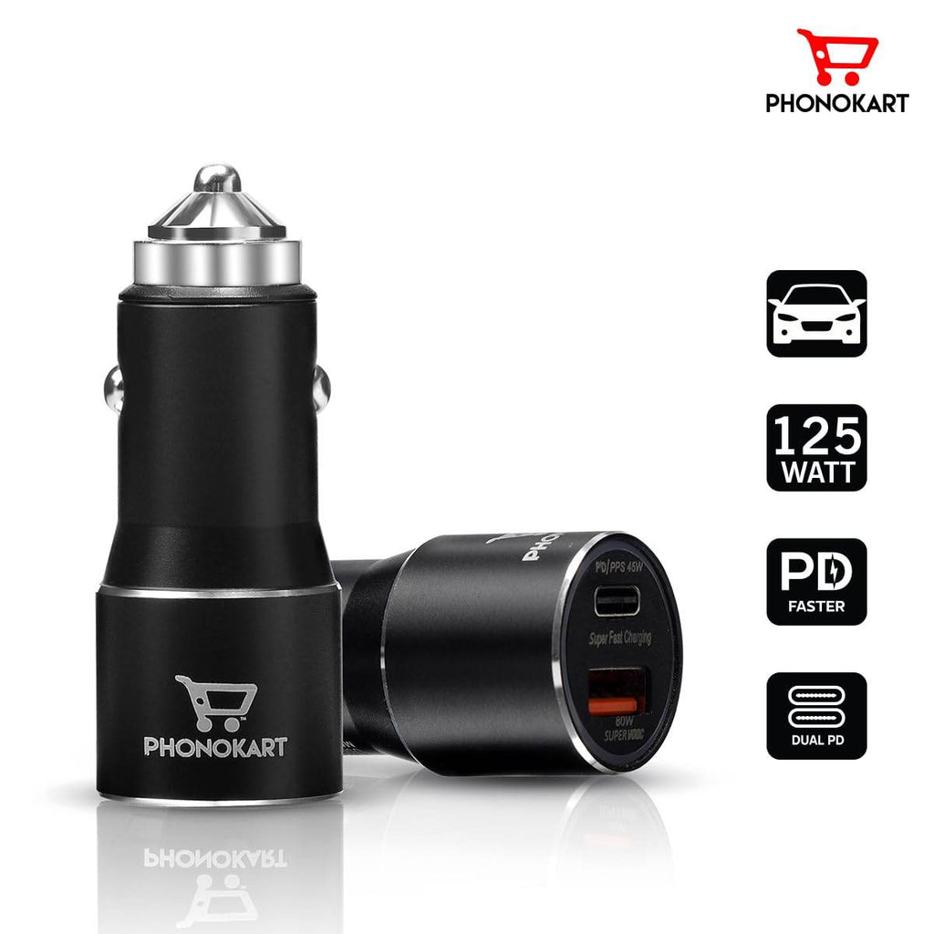 PHONOKART Rover Dual Fast Car Charger Adapter with 80W + 45W Dual Output. Quick Charge, Type C PD 45W & 80W Compatible for iPhone, All Smartphones, Tablets & More |Black| - The Digital Hub