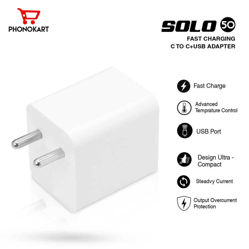 PHONOKART 50W 3A Dual Port Charger Type -A & Type C Adapter for iPhone 15,14,13,12 Series PD 3.0 Multiple Protection Fast Charging Adaptor with Cable (White) - The Digital Hub