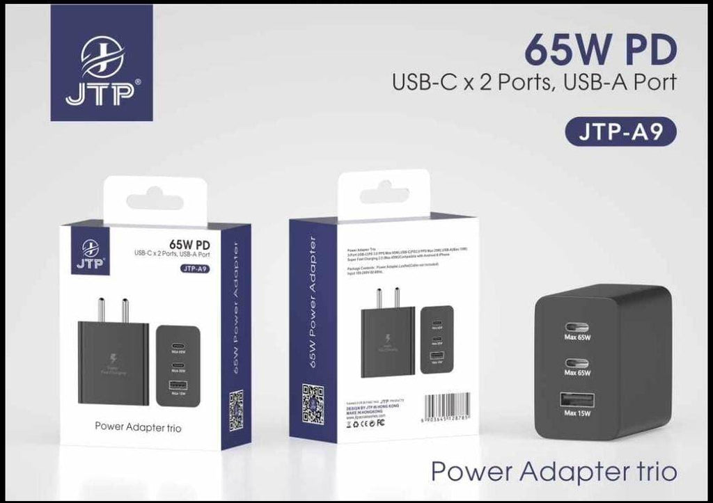 JTP-A9 65W PD Trio Port Super Fast Charger True 45W Max Charging Adapter Compatible for Galaxy Fold 2, 3, 4 / Note/S 22, S23, S23 Ultra, S23 Plus/A/M Series (Black) - The Digital Hub