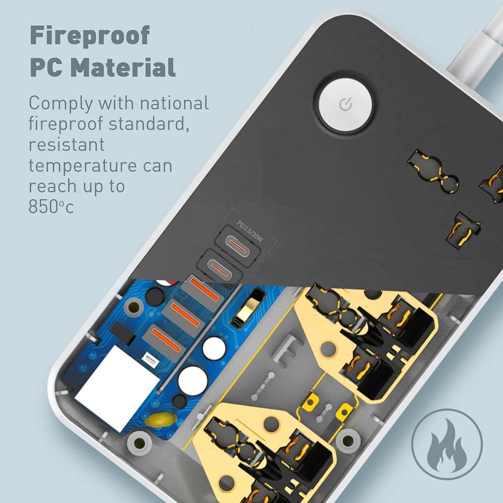 Extension Board with USB Ports 2500W Extension Fire Resistant 3 Socket with 38W 3 USB & 20W Fast 2 Type C Ports Fast Charger Heavy Duty & Universal Surge Protection Sockets with 2 Miter Wire - The Digital Hub