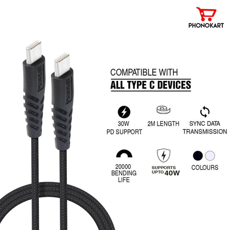 Phonokart USB Type C Cable 2 m PKSWIFTCC2-BLK Fast Sync and Charger 45 Watts (Compatible with Mobile, Black, One Cable) - The Digital Hub