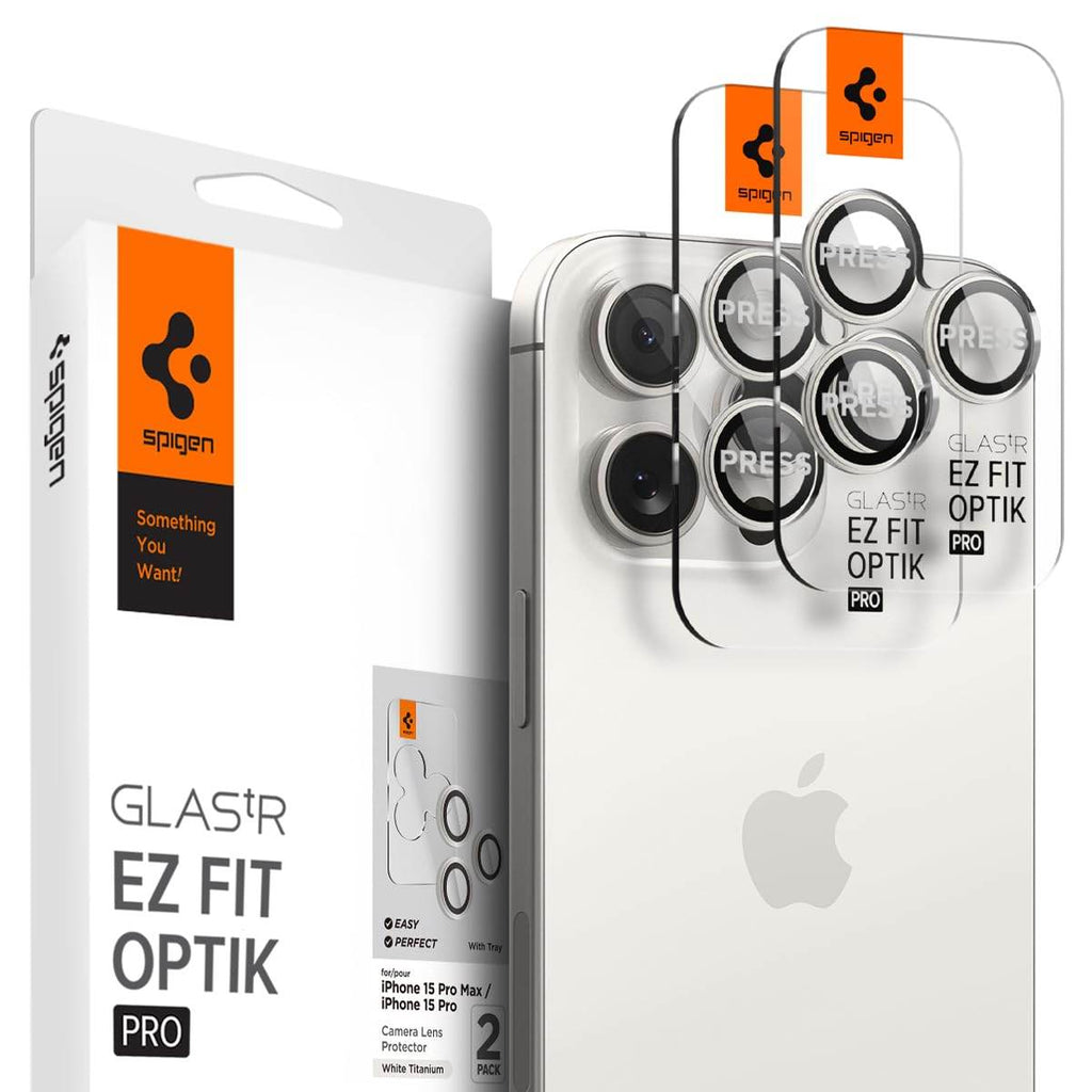 Spigen EZ Fit Optik Pro Tempered Glass Camera Lens Protector Guard for iPhone 16 Pro / 16 Pro Max / 15 Pro / 15 Pro Max / 14 Pro / 14 Pro Max (White Titanium) - 2 Pack - The Digital Hub