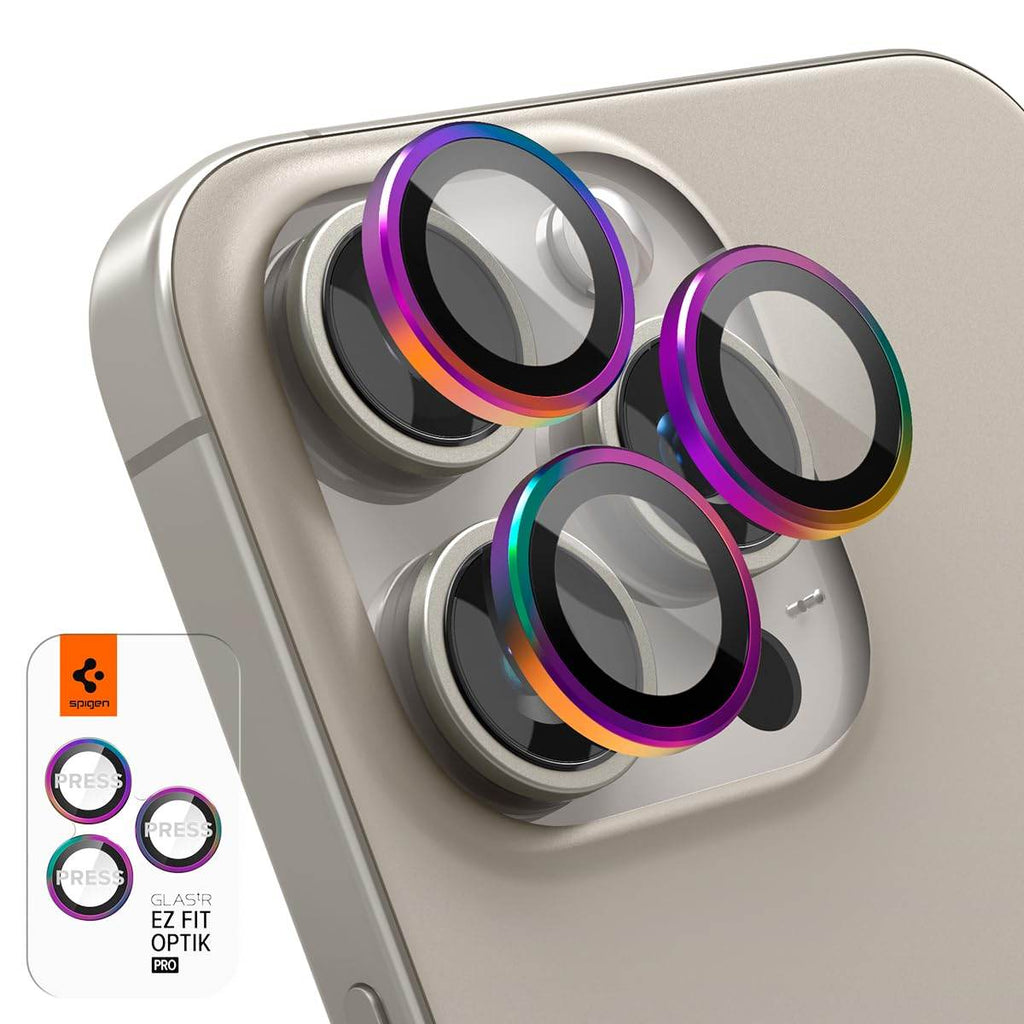 Spigen EZ Fit Optik Pro Tempered Glass Camera Lens Protector Guard for iPhone 16 Pro / 16 Pro Max / 15 Pro / 15 Pro Max / 14 Pro / 14 Pro Max (Rainbow) - 2 Pack - The Digital Hub