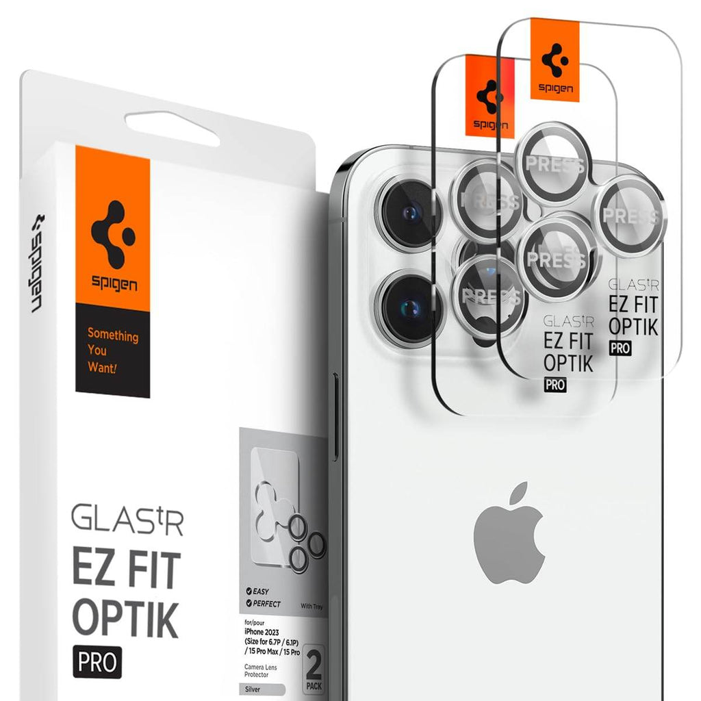 Spigen EZ Fit Optik Pro Tempered Glass Camera Lens Protector Guard for iPhone 16 Pro / 16 Pro Max / 15 Pro / 15 Pro Max / 14 Pro / 14 Pro Max (Silver) - 2 Pack - The Digital Hub