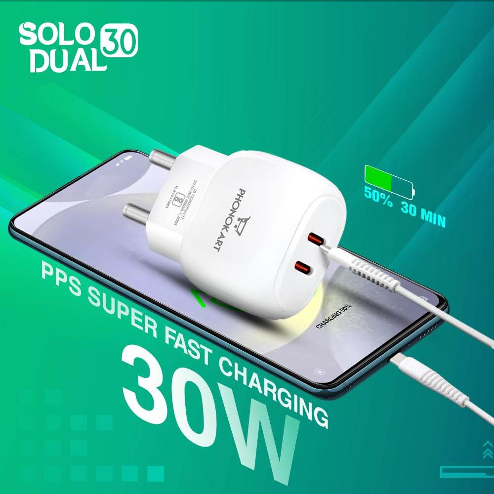 Phonokart Type-C Ultra Fast Mobile Charger 30W Dual Type-C Port Charger with Type C to Type C Cable, PD Type C Adapter for iPhone 15/14/13/12 Series, Samsung, Vivo & Other Android Devices PD 3.0 - The Digital Hub