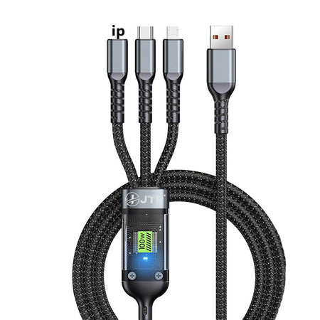 JTP 100W/6.1A Fast Charging Usb 3.0 Cable 4 Ft / 1.2M To 3-In-1 Long Charging Cord With Type C + Micro Usb + Connector 480 Mbps Data Transfer For Laptop, Tablets, Smartphones (Black) - The Digital Hub