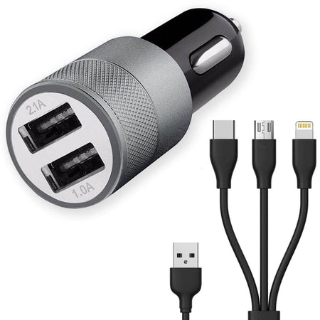 Car Charger for Tata Tigor JTP Car Charger Adapter Socket Dual USB Port | Quick Metel Mobile Car Charger with 3-in-1 (Micro/Type-C/iPh) Fast Charging Cable (3.1 Amp, DBM4) - The Digital Hub