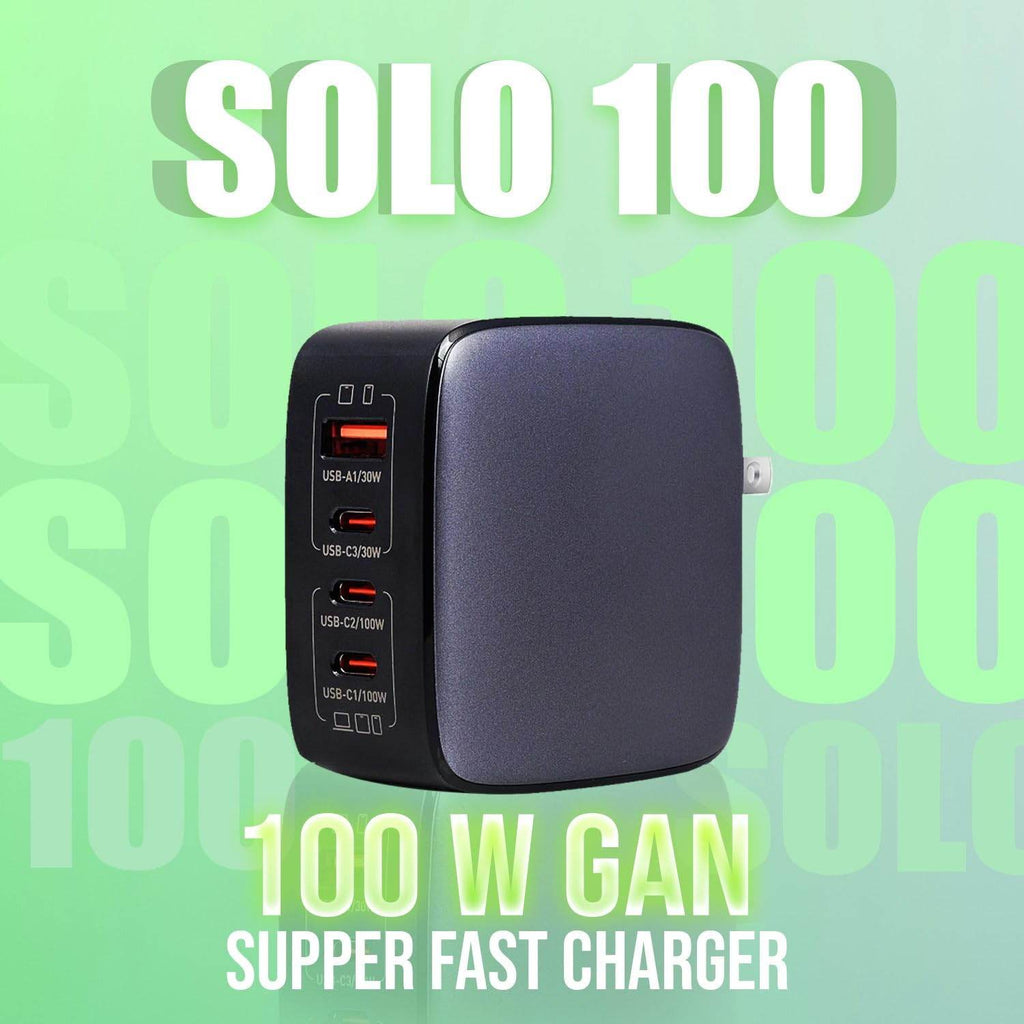 Phonokart Solo 100 W Mobile and Laptop Charger GAN with World Travel Plugs 4-Port USB (1A3C), 100W Fast Charging Compatible with iPhone, iPad, Google Pixel, Samsung, Redmi, Mi, Oppo and More - The Digital Hub