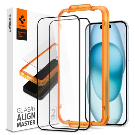 Spigen Alignmaster Full Coverage Tempered Glass Screen Protector Guard For Iphone 15 (2 Pack) for Smartphone - The Digital Hub