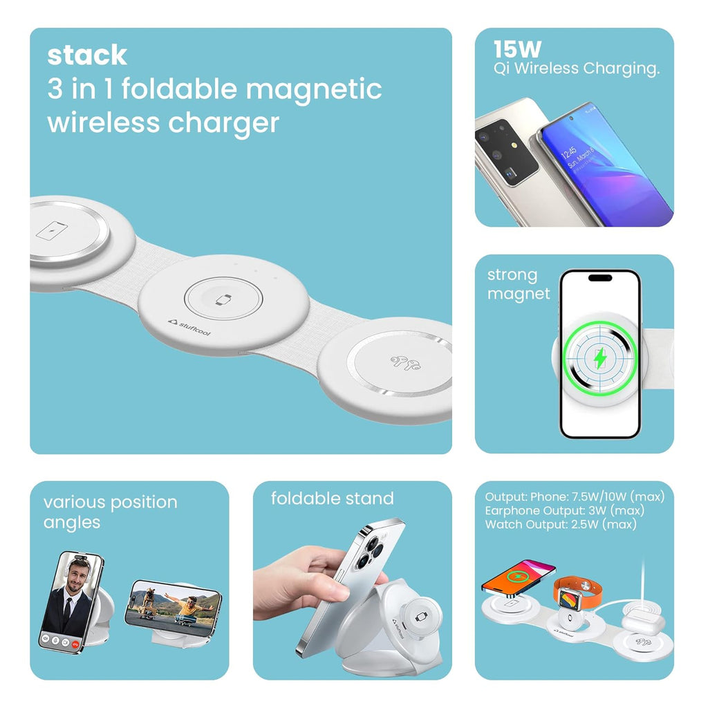 Stuffcool Stack 3 in 1 Foldable Magnetic Wireless Charging Station with 18W QC.30 Wall Adapter Included (STACKWHT) The Digital Hub