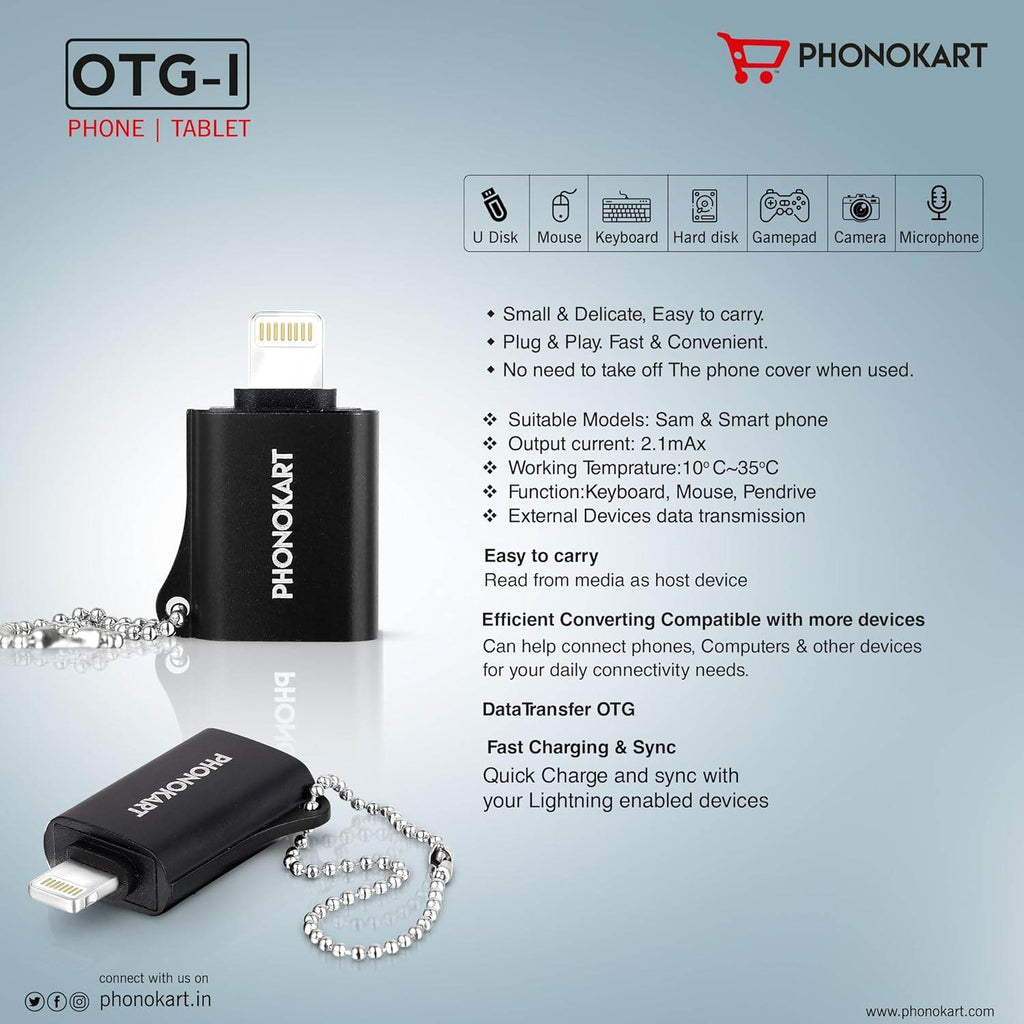 Phonokart OTG - I Connector USB-C Female to Lightning Cable Adapter for i-Phone 15 14 13 12 11 Air Pods iOS Devices |Black| - The Digital Hub