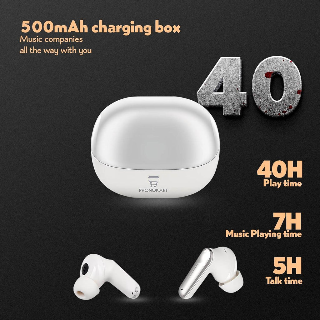 Phonokart TWS Earbuds 500mAh Charging Box,40H Play Time, 7H Music Playtime, 5H Talk Time (White) - The Digital Hub