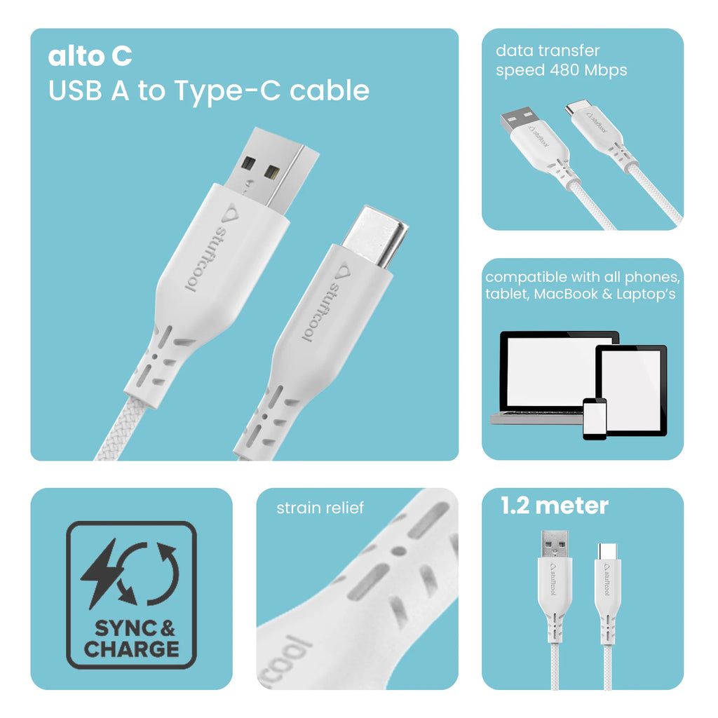 Stufcool Alto USB A to C 6.5A 1.2 Meter Cable fast charging Oppo, One plus,Vivo, Samsung, Huawei, Pixel, mi The Digital Hub