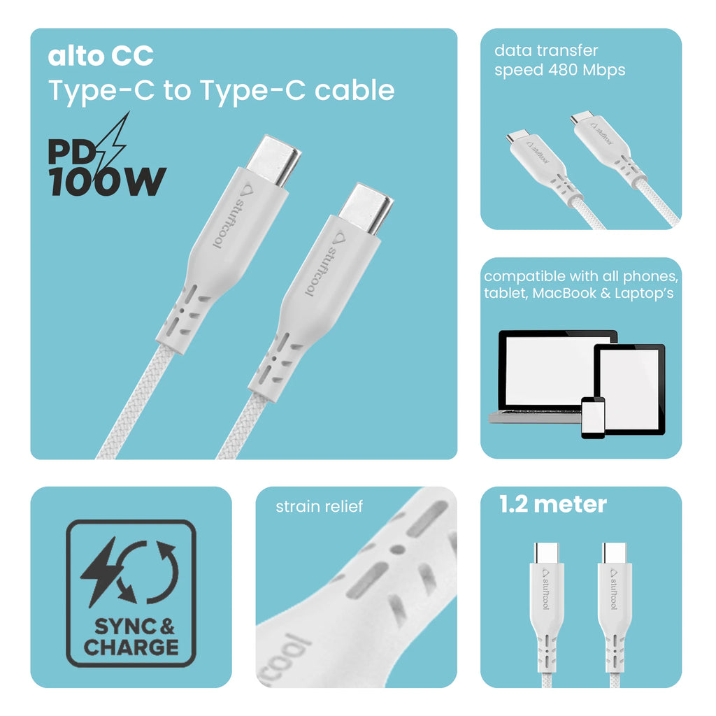 Stuffcool Alto C To C 100W 5A Cable fast USB C to C compatible for MacBooks , Laptops and Mobile Phones The Digital Hub